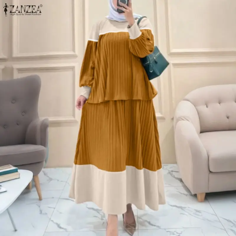 

2026 ZANZEA Muslim Sets Women Spring Outfits Fashion Long Sleeve Tops Dress Sets Ramadan Hijab Tracksuit Patchwork 2 Pieces Sets