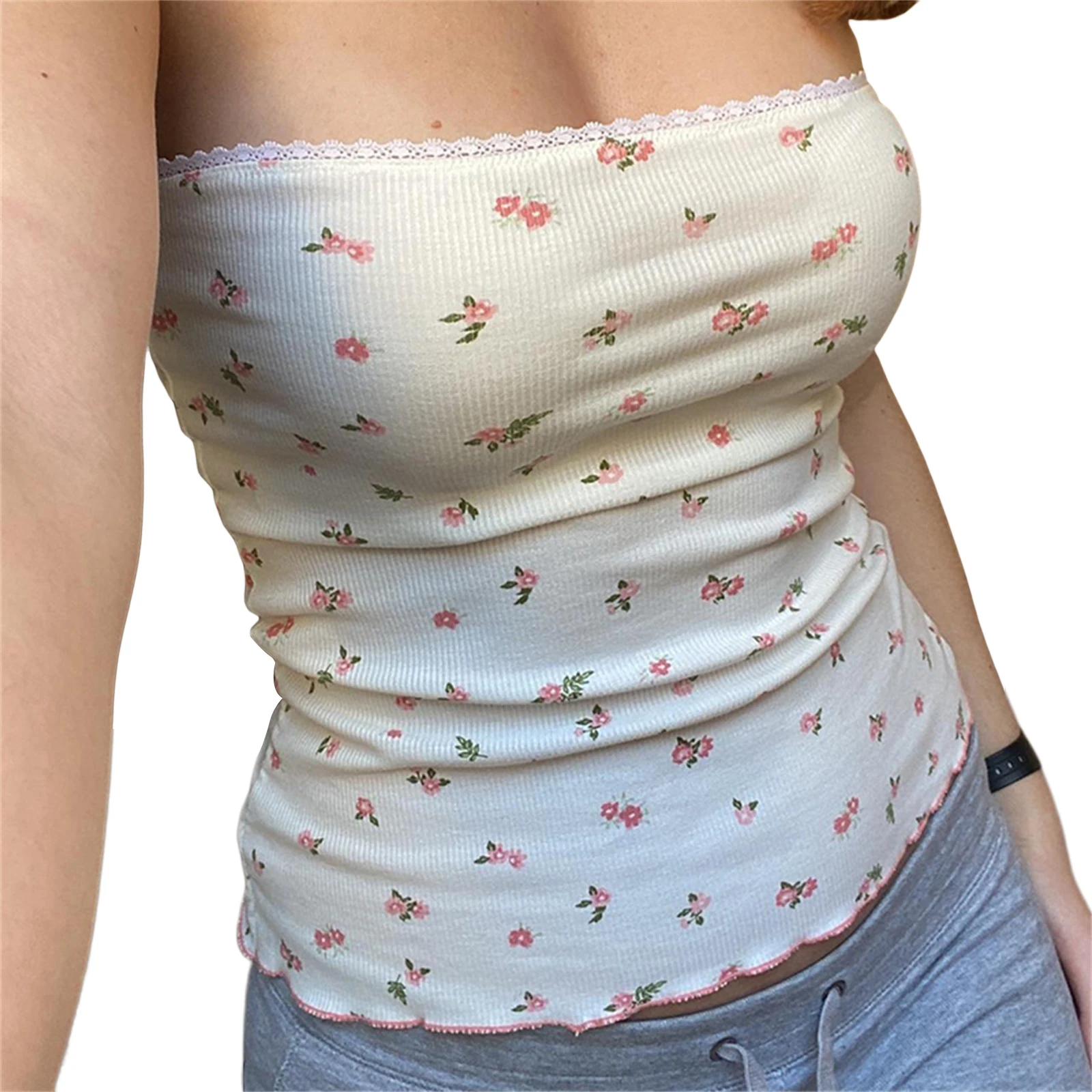 Dames Bloementube Tops Kanten Strapless Nauwsluitende Crop Tops Zomer Casual Y 2K Bandeau Tanktop