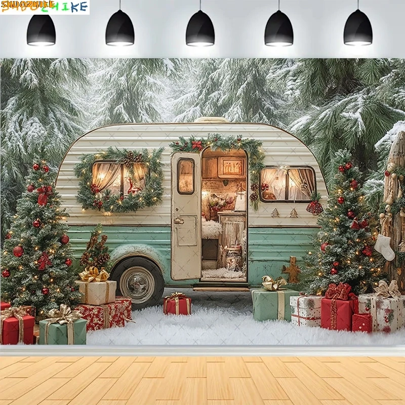 

Camping Trailer Festive Lights Photography Backdrop Xmas Day Winter Landscape Family Caravan New Year Ornaments Background CT-03