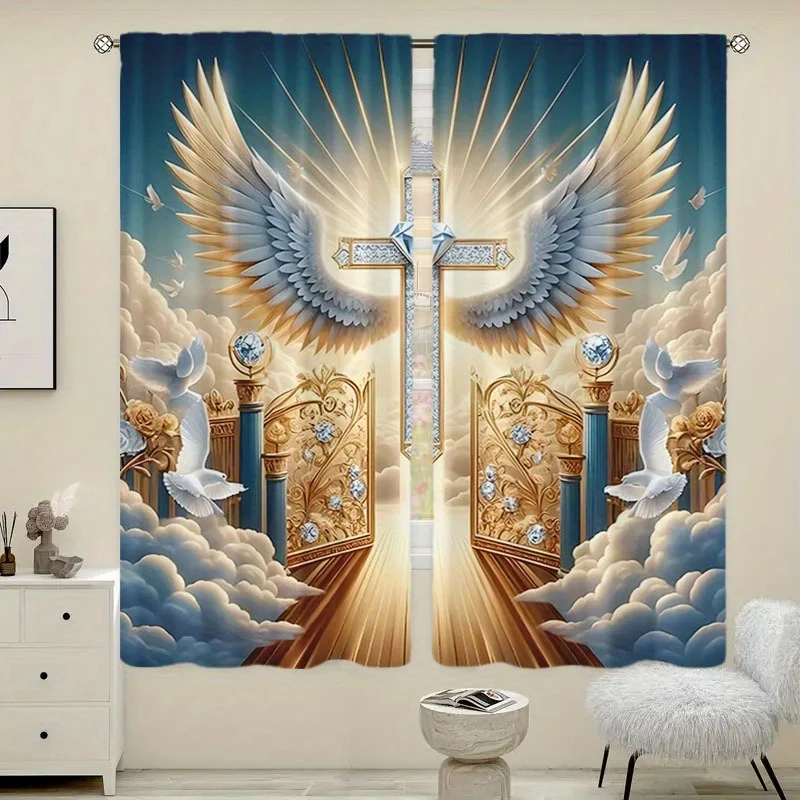 2pcs Heaven Cross & Wings Print Modern Art Polyester Curtains – for Living Room, Bedroom, Study & Kitchen