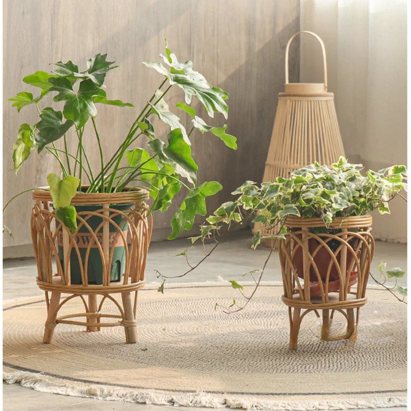 Imitation Rattan Woven Floor Storage Shelf, High Value Plant Shelves Balcony Garden Flower Stand Living Room Floor Storage Shelf