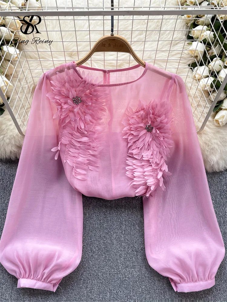 SINGREINY Spring Loose Satin Blouse Women O Neck Long Sleeves Sheer Bohemian Top 2024 Transparent 3D Floral Casual Shirt