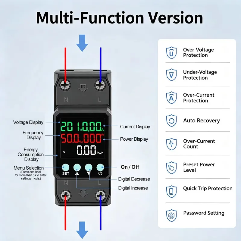 Over Under Voltage Protector 220V AC Current Voltage Protection 63A KWH Display Over Under Voltage Protection Device