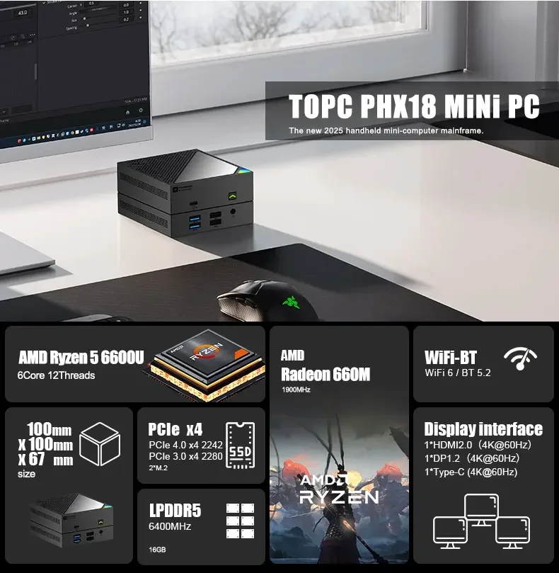 SZBOX كمبيوتر صغير TOPC PHX-18 AMD 6600U 7840U CPU LPDDR5 16GB EMMC WIFI 6 BT5.2 4K HD Windows 11 Pro Lan Office كمبيوتر صغير