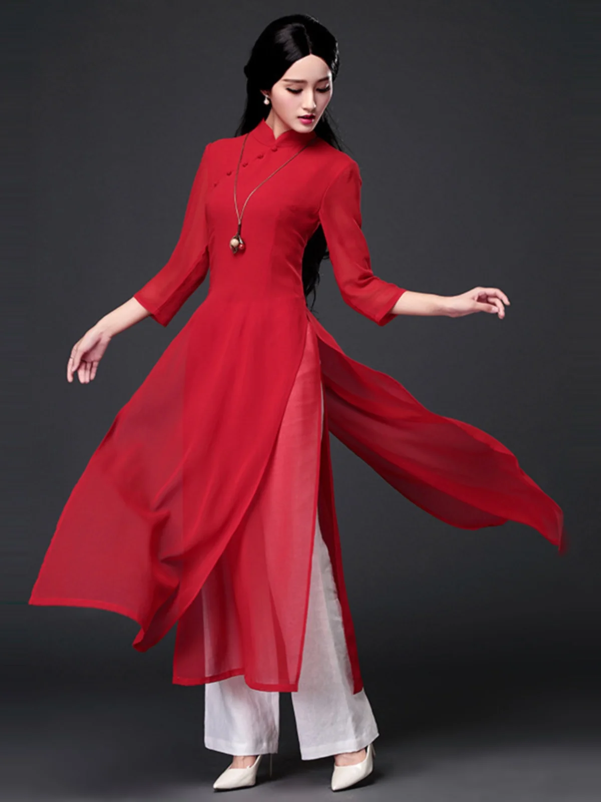 

Authentic Ao Dai Long Dr Wide Leg Pants Two Piece Set Spring Summer Autumn New Sle Vintage High Slit Svel