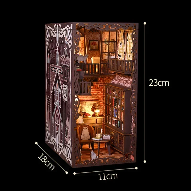 

No.9 Secret Castle Bookshelf DIY Wooden Book Nook Shelf Insert Kits Miniature Model Kit With LED Light Bookends Friends Gifts