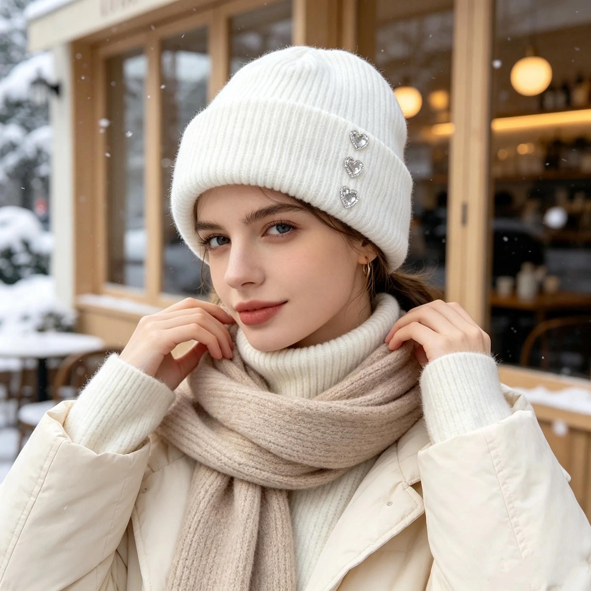 Women's Autumn and Winter Ribbed Knit Beanie with Rolled Edge and Three Heart-Shaped Rhinestone Decorations, Outdoor Cold-Proof and Warm-Keeping Exquisite Versatile Pullover Hat
