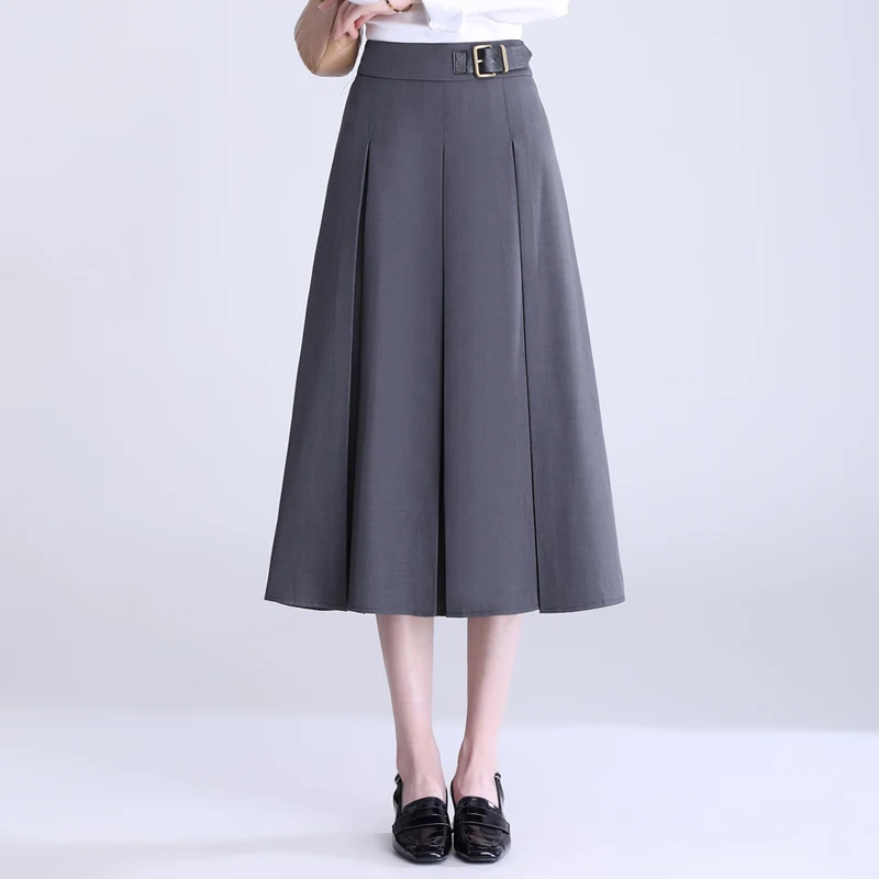 

ZUZK Women New Pleated Solid OL Skirts Spring Autumn Elastic High Waist Female Elegant A-Line Mid-Long Black Skirt Saia Preta