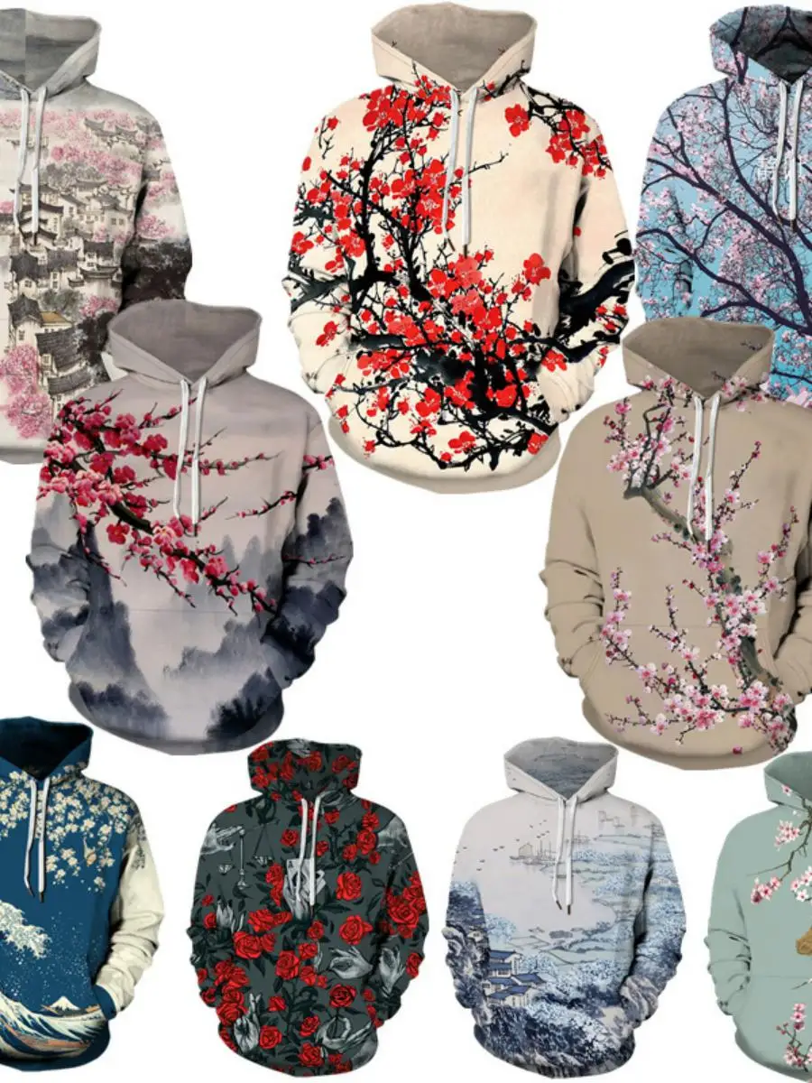 신상품 매화 산수 폭포 프린트 후드티 남성용 풀오버 디지털 3D 프린트 스웨트셔츠 봄 캐주얼웨어