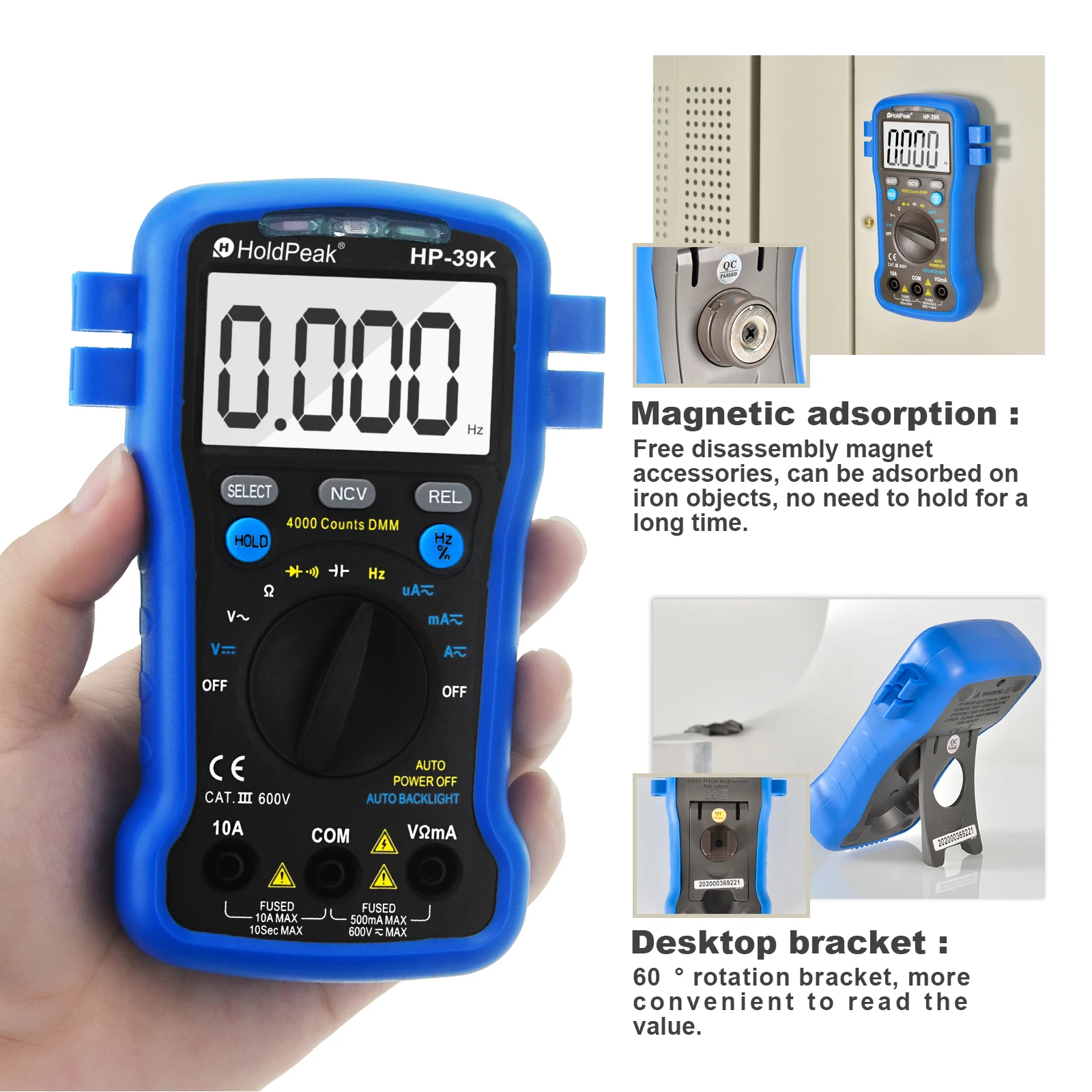 Multímetro Digital de Rango Automático, Detector de Voltaje CA sin Contacto NCV, Prueba de Voltaje CA/CC, Corriente, Resistencia, Capacitancia y Continuidad