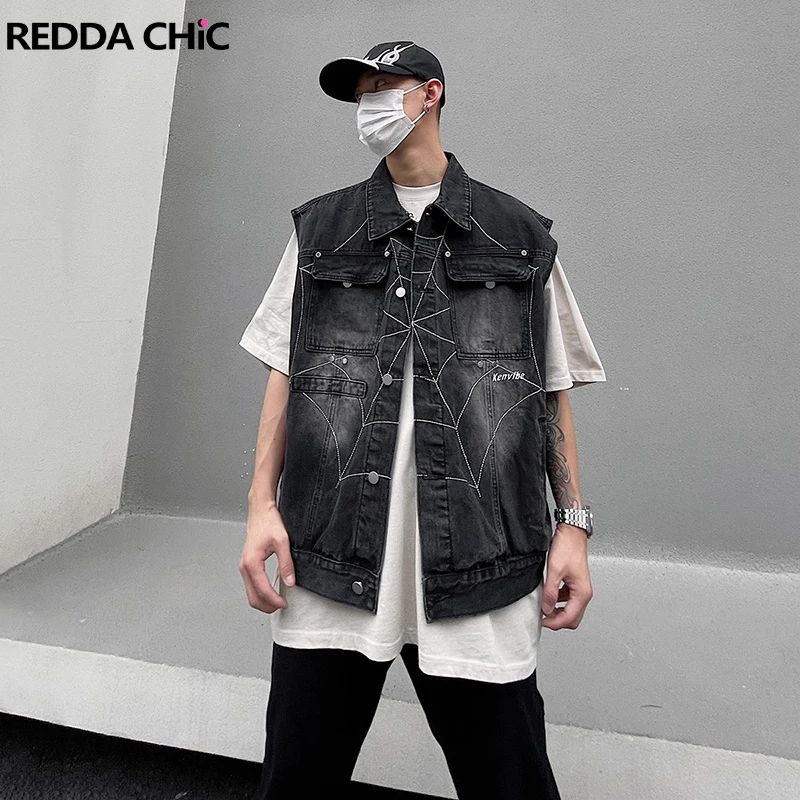 REDDACHIC Spider Web Embroidered Denim Jackets Men Summer Layering Single-breasted Oversize Sleeveless Vest Retro Y2k Streetwear