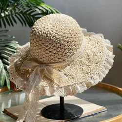 Summer Foldable Lace Edge Straw Hat for Women's Handwoven Cute Bow Sunshade Hat for Vacation Beach Hat