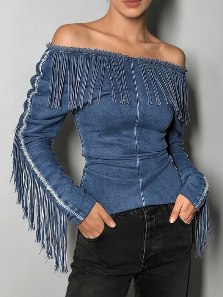 Women Off Shoulder Fringe Denim Top Long Sleeve Tassel Trim Slim Blouse Western Cowboy Style Vintage Party Streetwear Shirt