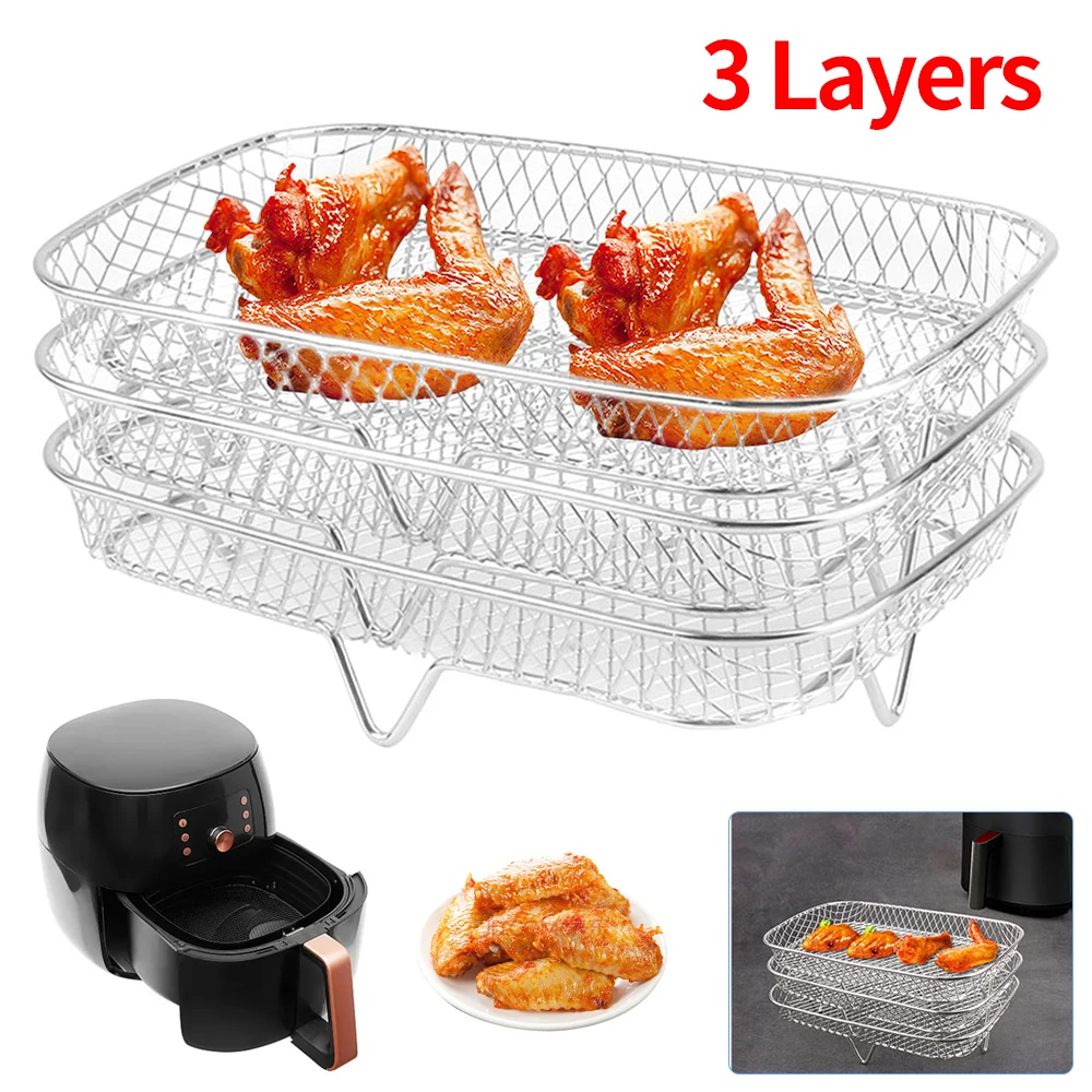 3-layers Air Fryer Rack Stackable Grilling Rack Stainless Steel Airfryer Oven Grill Steamer Cooker Kitchen Gadgets Cooking Tools