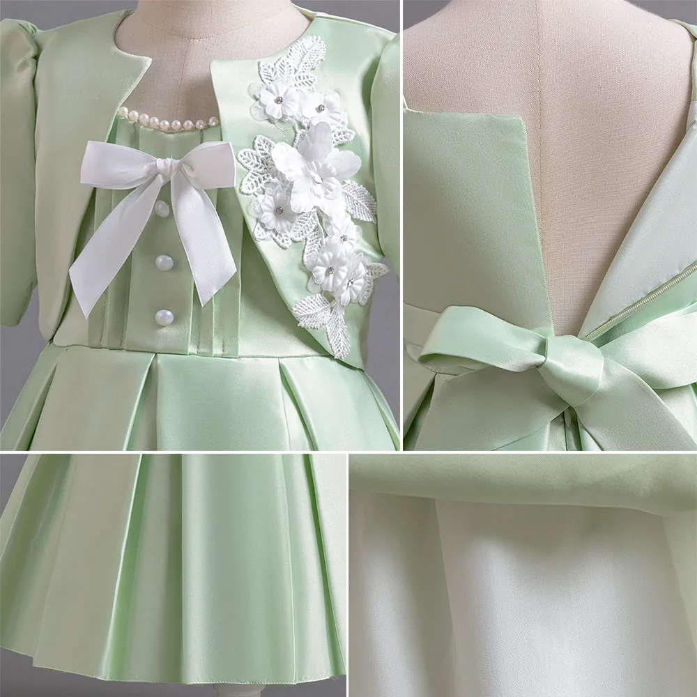 Girl\'s New Decal Pearl Bow Green Princess Dress Wedding Flower Girl Piano Performance Princess Dress for 4 5 6 7 Years
