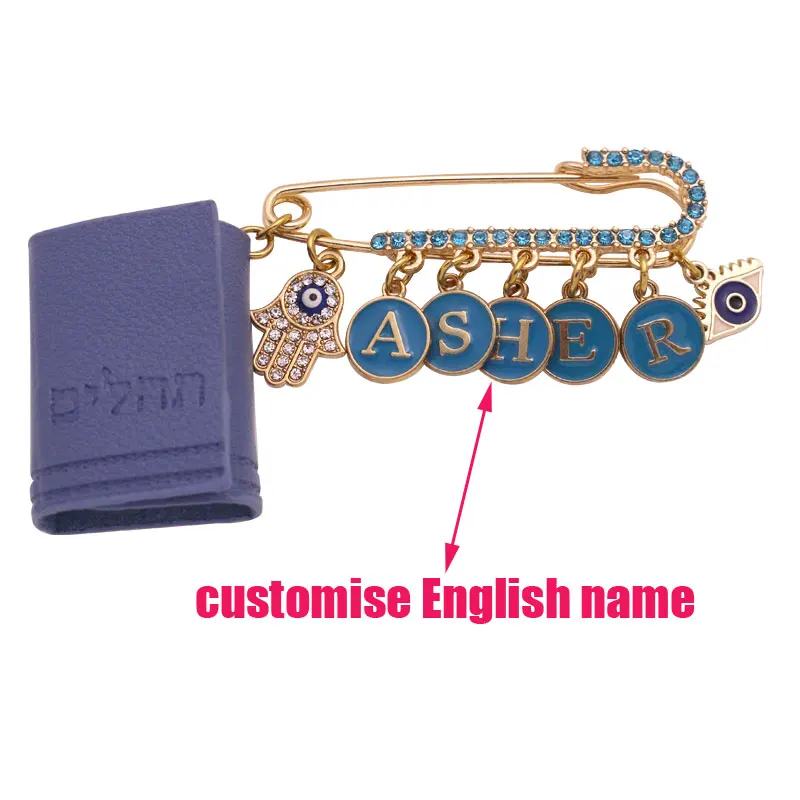 

ZKD customise english name Tehillim book Hebrew blessing evil eye hamsa protection brooch pin jewish gift
