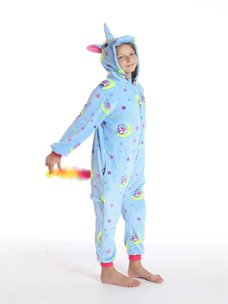 Fall-winter Flannel Children Cartoon Halloween Cosplay Kigurumi Unicorn One-piece Pajamas Costume Hooded Warm Sleepwear Unisex