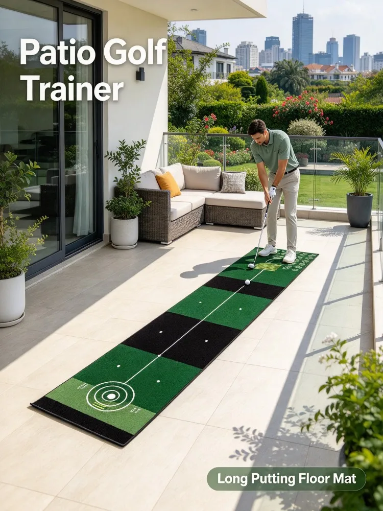 Green Black Golf Putting Training Mat, Long Practice Rug with Target Distance Markings, Portable Non-slip Indoor Backyard Gar