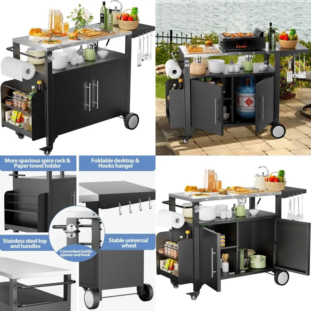 Portable Outdoor BBQ Cart with Storage, Kitchen Island on Wheels, Spice Rack, and Waterproof Surface