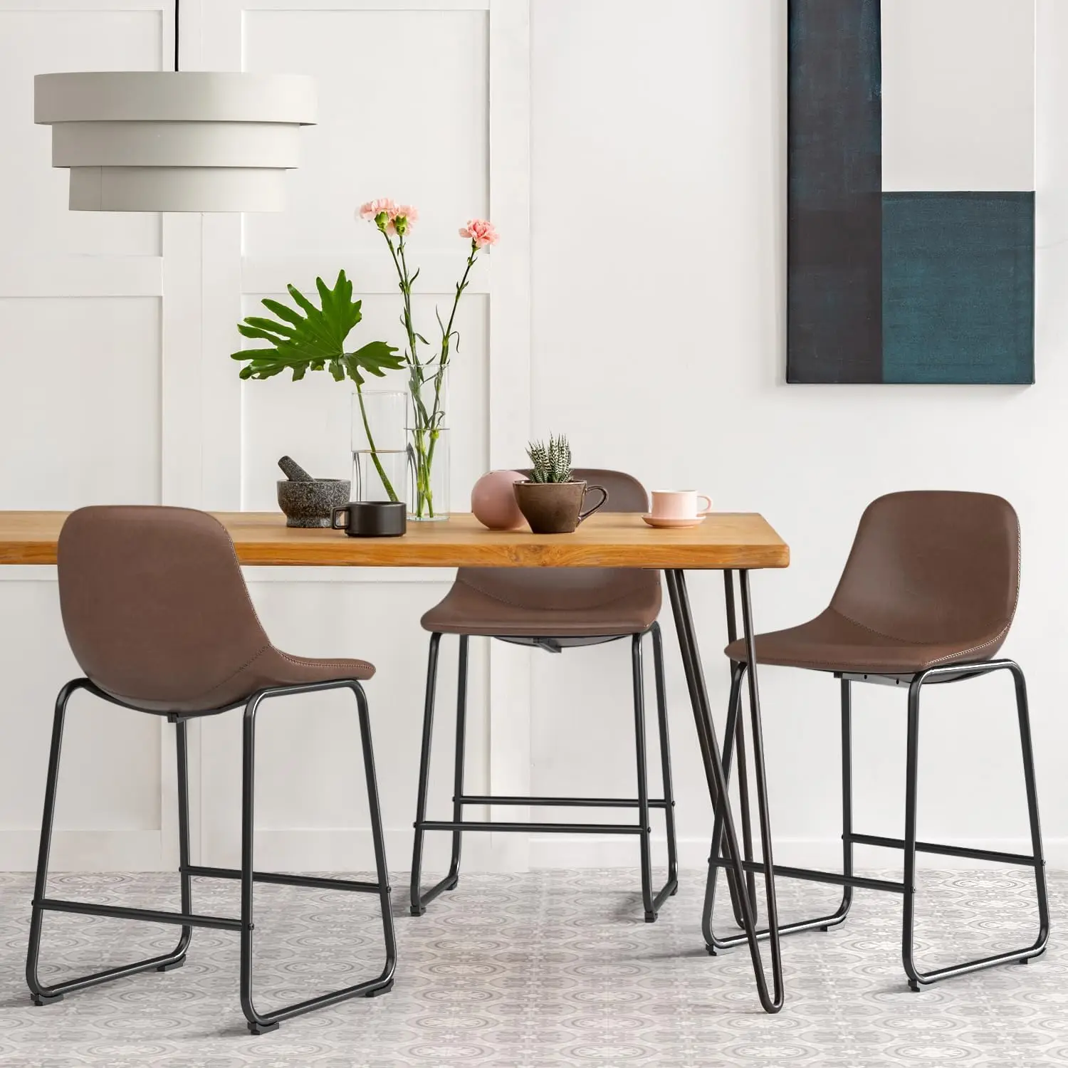 3피스 브라운 인조 가죽 바 스툴, 산업용 등받이 및 발판, 카운터 높이(24')