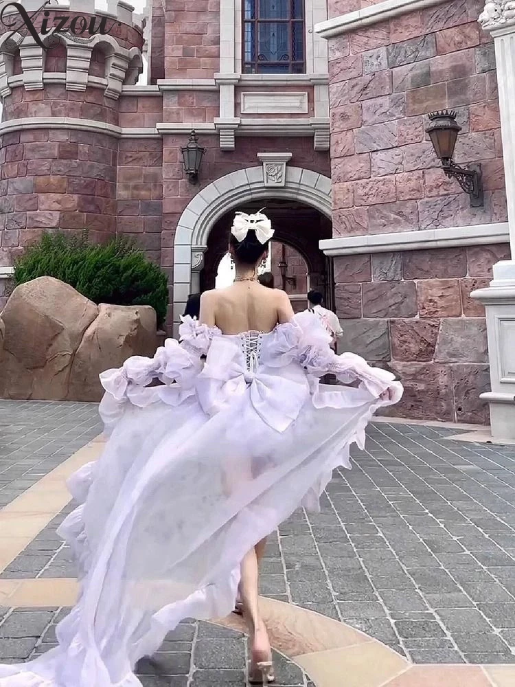 2025 Vrouwen Meisje Zomer Lente Paars Lolita Fee Prinses Set Mouwloze Boog Trailing Bladerdeeg Party Tube Top Pompoen Broek Pak