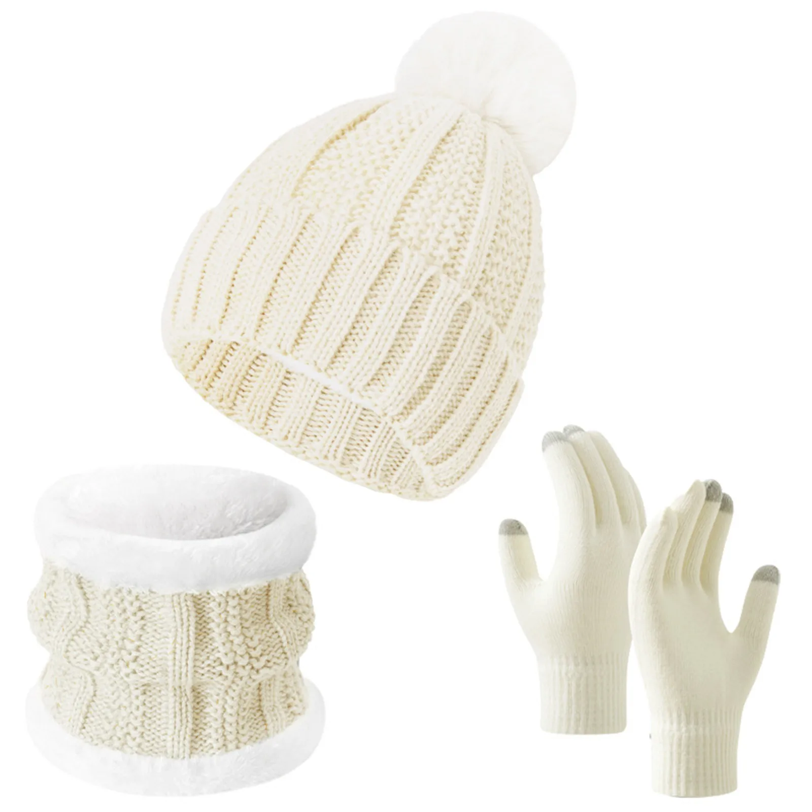 Damen Wintermütze, Schal, Handschuh-Set, Fleece-gefüttert, Strickmütze, warmer langer Schal, Winter-3-teiliges Set, Handschuhe, Schal-Set für Jungen