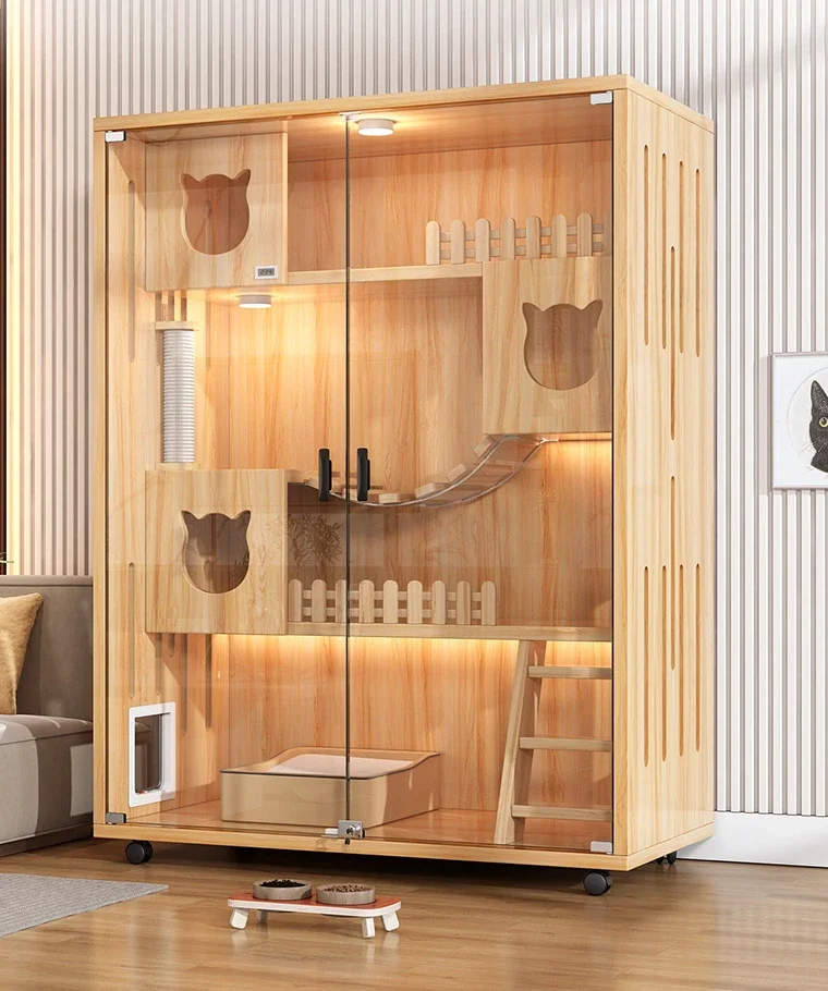 Nordic Cat Villa Indoor Cat Nest House Cattery Super Large Free Space Cabinet Room Luxury Solid Wood Cat House