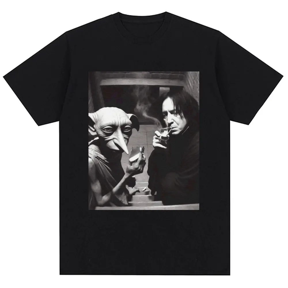 Funny Wizard Goblin Smoking with Snape Meme T Shirts Men Women Humor Vintage Personality Oversized Cotton Tee shirt Streetwear