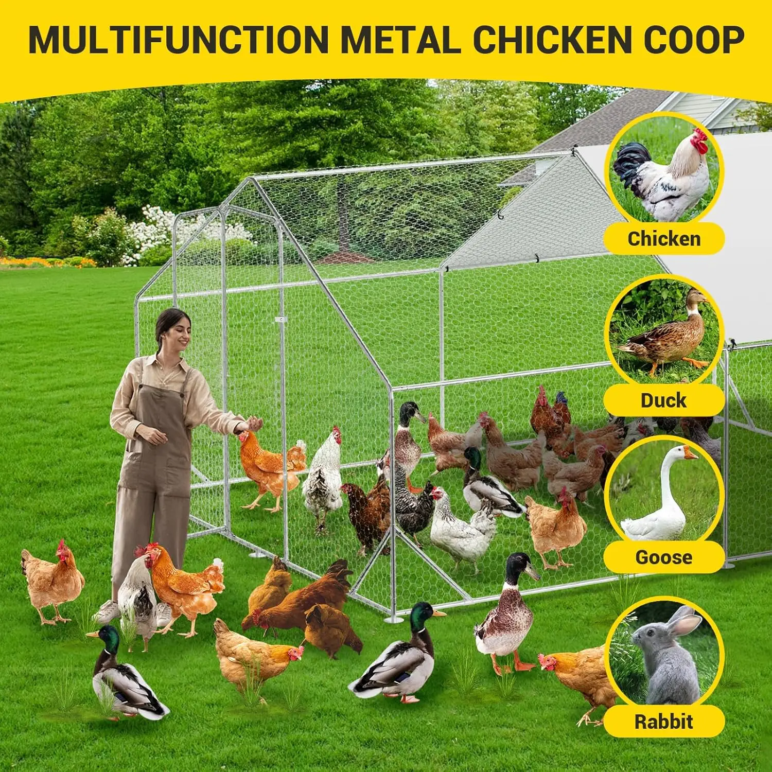 Large Metal Chicken Coop,Waterproof UV-Resistant Cover,Heavy Duty Anti-Rust Poultry Cage for 10-30 Chickens for Backyard & Farm