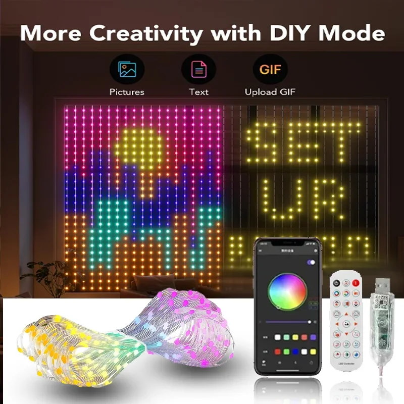 LED Decorative Curtain Intelligent Light Application Control String Fairy Light DIY Pattern and Text Music Sync Room Decoration
