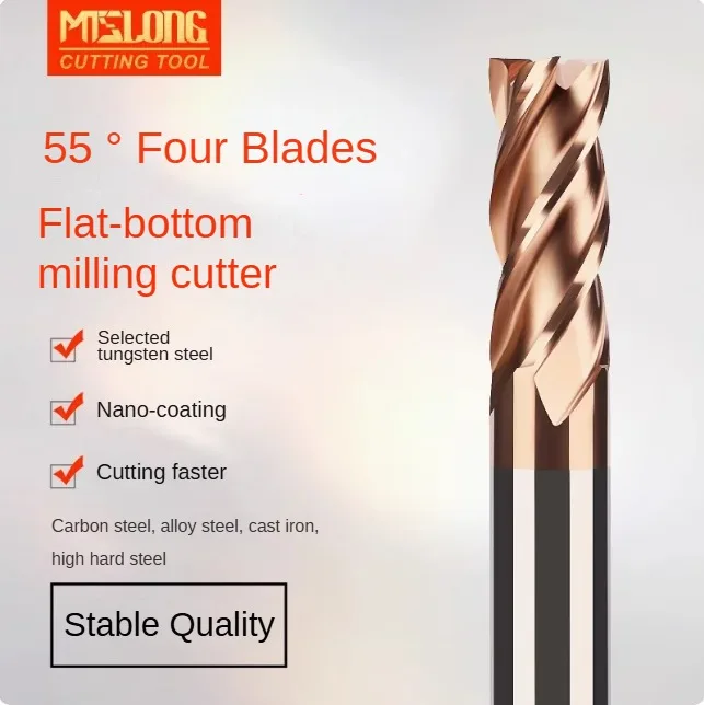 

55 degree tungsten steel milling cutter, hard alloy 4-blade extended flat bottom end milling cutter, CNC tool for steel