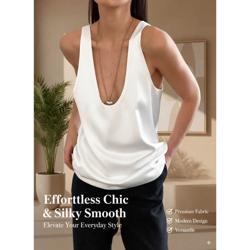 

Elegant U-neck Satin Vest For Women Sleeveless Soft Comfortable Top Casual Luxury Wear Stylish Girls Clothing For Daily Vacation