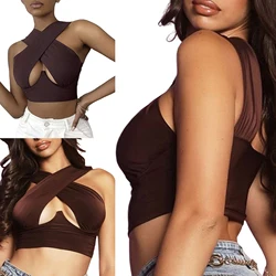 Women's Criss Cross Tank Tops Sexy Sleeveless Cutout Front Crop Tops Party Club Streetwear Summer Lady Bustier Tops