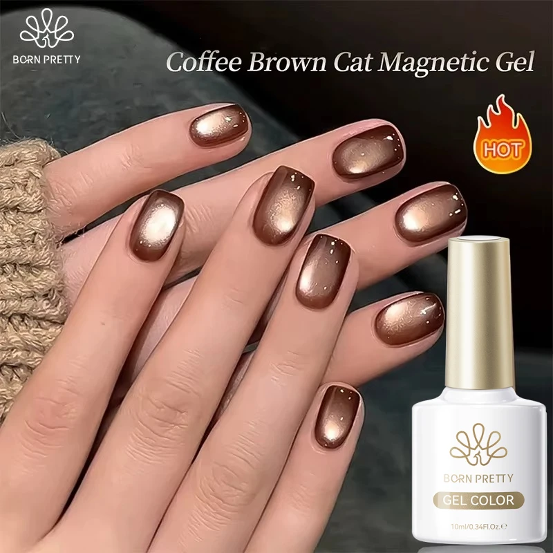 BORN PRETTY 10ml Coffee Brown Cat Magnetic Gel Nail Polish Winter Autumn Glass Beaded Sparkling Glitter Semi Permanent Varnish