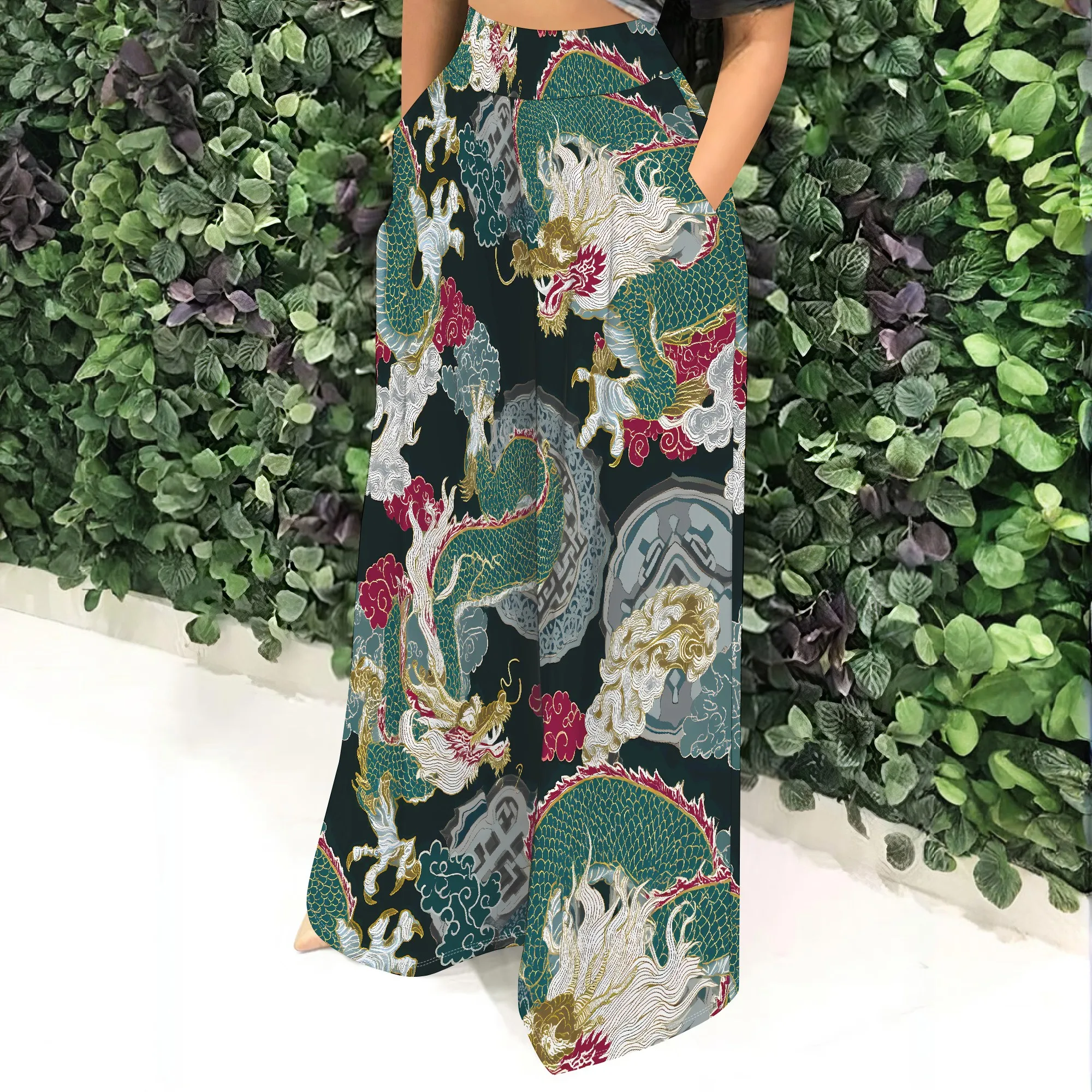 Dragon Print High Waist Wide Leg Pants, Loose Fit Palazzo Trousers, Casual Beach Wear for Women, S-2XL