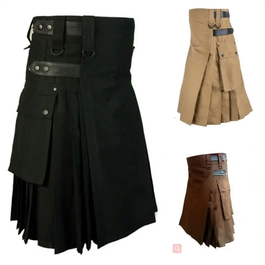 

Traditional Scottish Kilt Men Medieval Costume Solid Color Pleated Skirt With Pocket Retro Halloween S-5XL Plaid