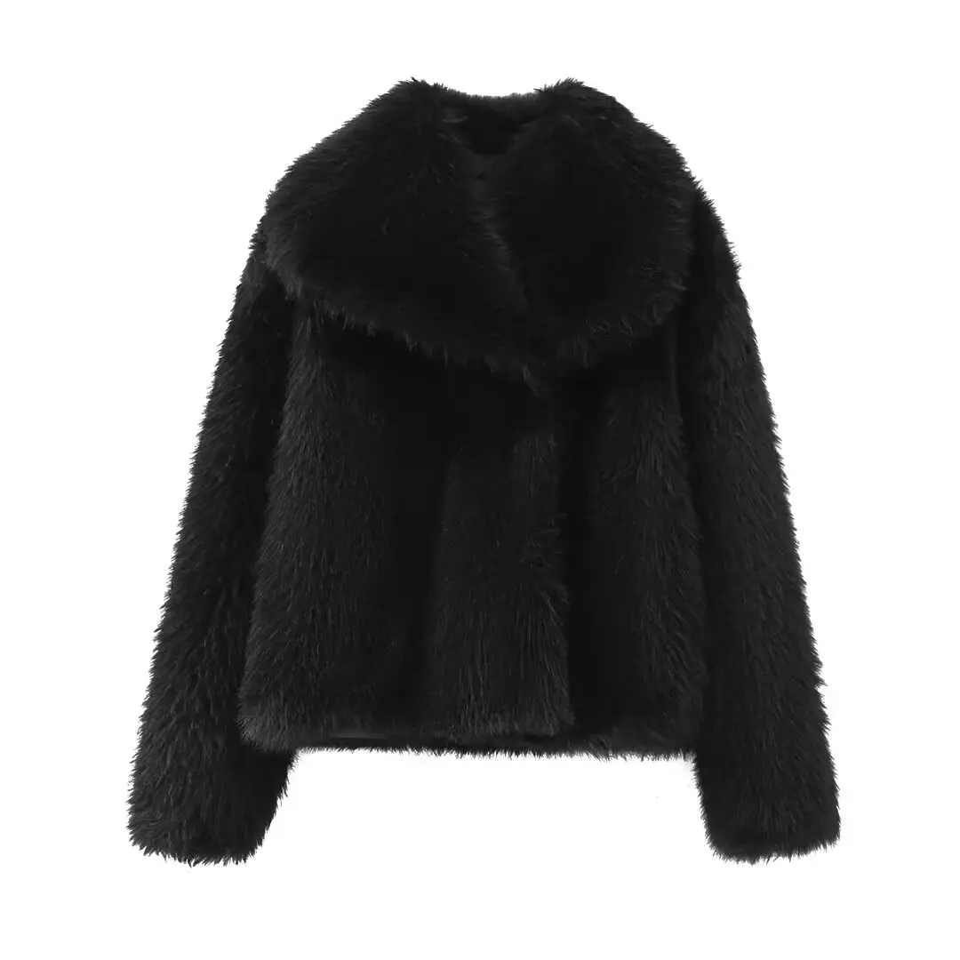 TRAF 2024 Faux Fur Coat Women Black Warm Winter Coat for Women Autumn Plush Wool Women\'s Coats Long Sleeve Jackets for Women