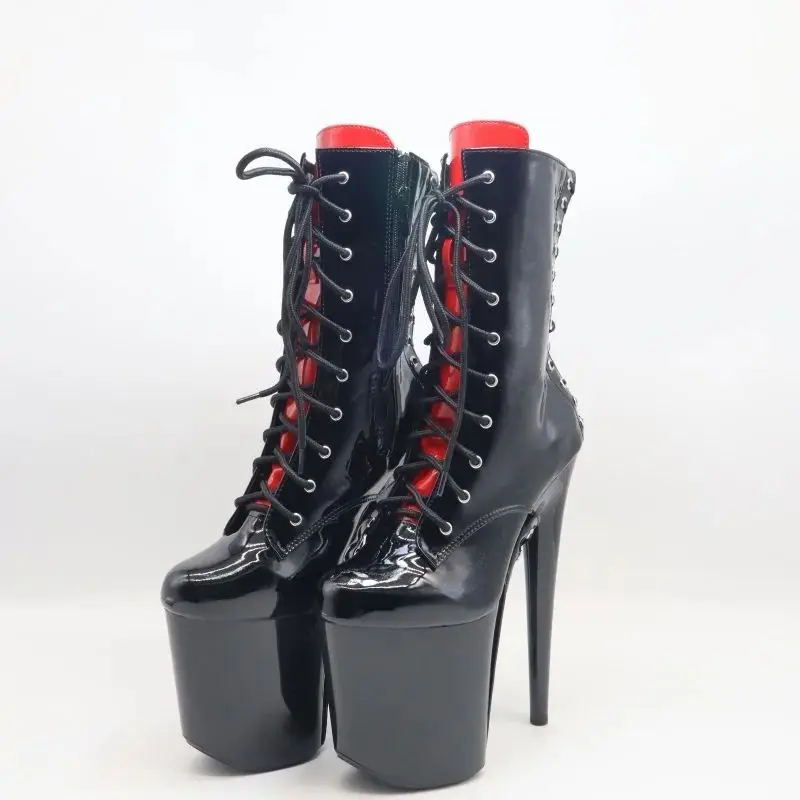 

Punk Rebellion Heels 20 см, черные лакированные ботинки на шнуровке с красной контрастной подкладкой, одежда для доминирующих выступлений на сцене ​