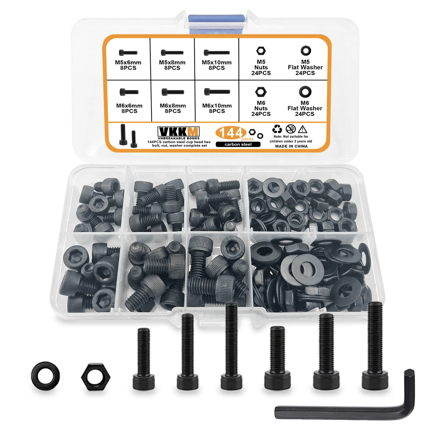 144Pcs Black Cylindrical Head Screws, M5 To M6 Hexagon Head Bolt Nut Washer Combination Kit, Full Thread, Allen Sleeve Drive.