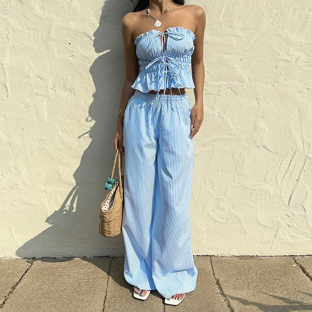 Sets Summer K-Style Solid Color Lace-Up Ruffles Sleeveless Strapless High Waist Casual Pant Sets For Women