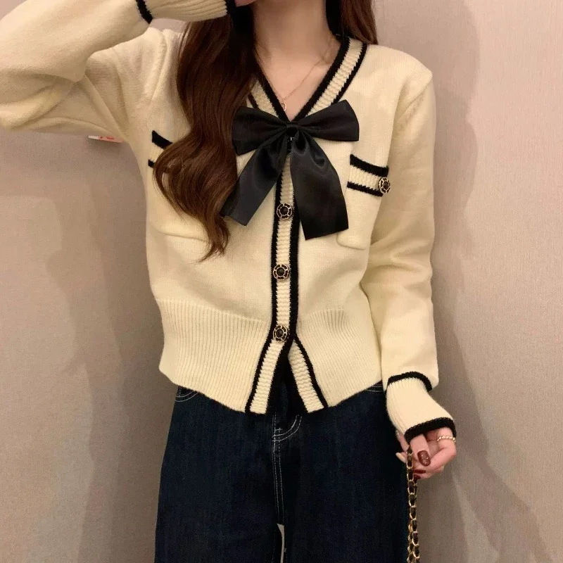 Deeptown Coquette Bow Cardigan Sweater Woman Elegant Knitted Tops Korean Fashion Sweet Cute Autumn Winter Long Sleeve Sweaters