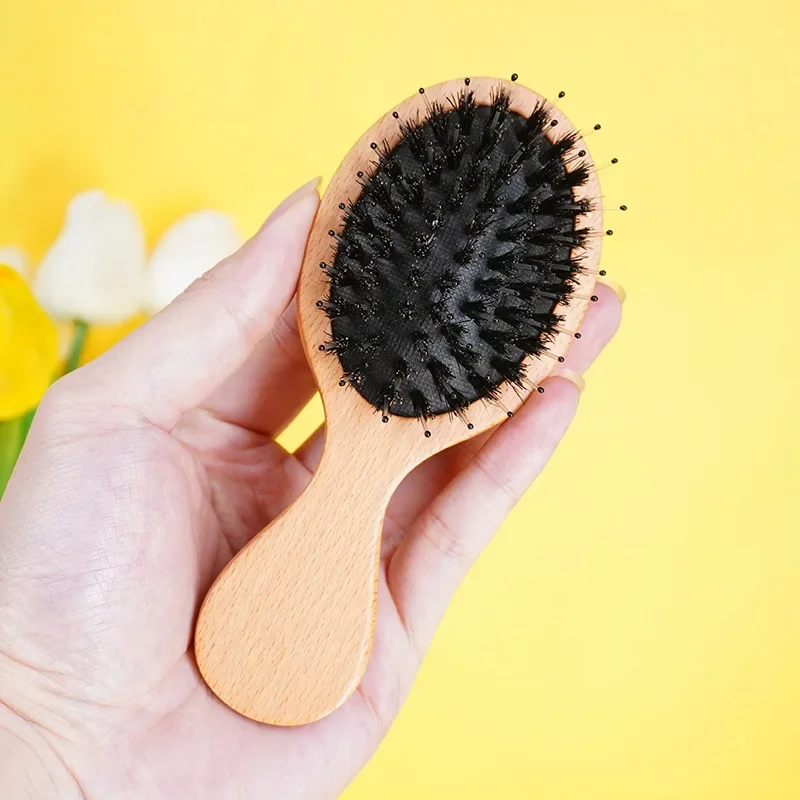 Brosse à Cheveux de Énergie du Cuir oral elu, Peigne en Poils de Sanglier, Bois Ovale Antistatique, Outil de Coiffure