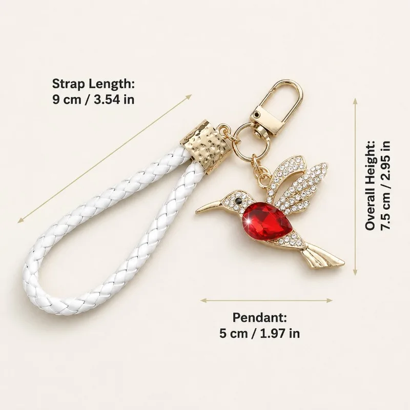 Rhinestone Red Crystal Hummingbird Keychain White Braided Wrist Strap Bag Charm for Daily Dating Gift Keychain Accessories