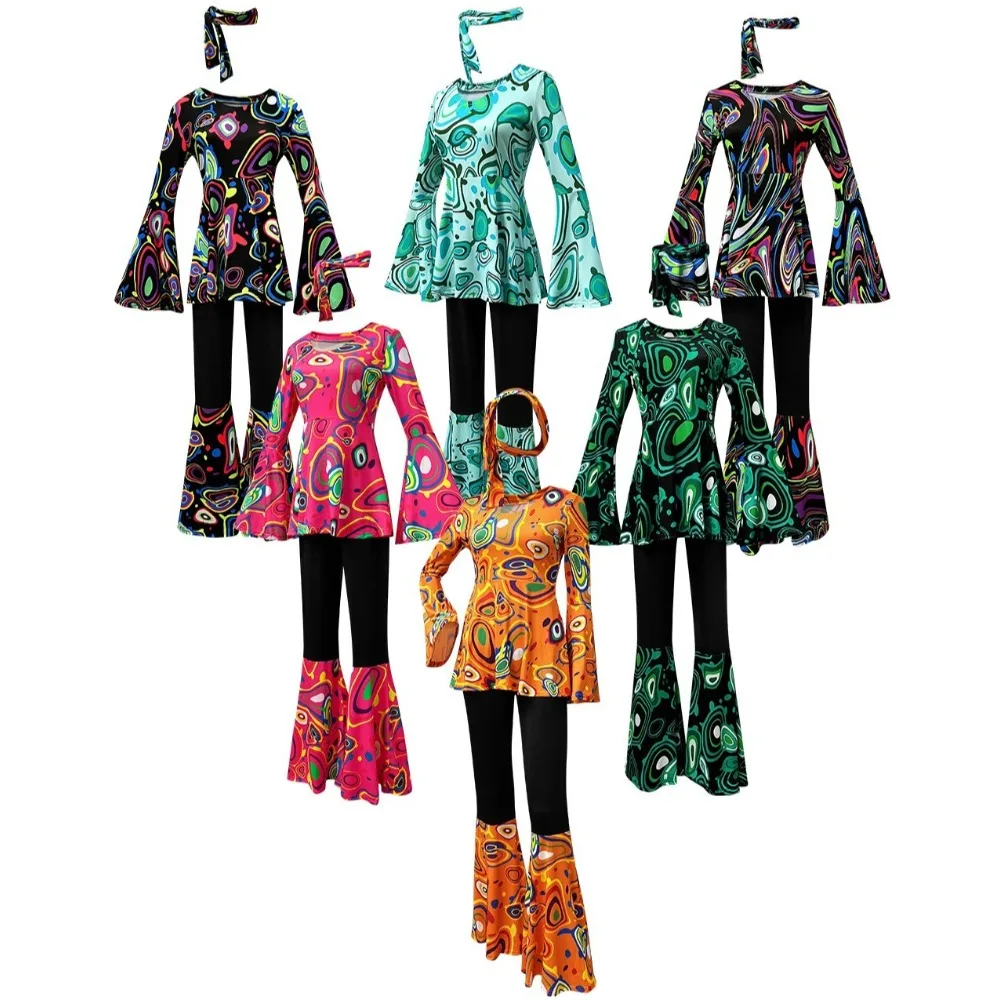 Disfraz Retro Disco de los 70 para Mujer, 3 Piezas, Conjunto de Ropa Estampada Hippie de los 80, Diadema, Disfraz Femenino para Halloween, Fiesta Hip-hop