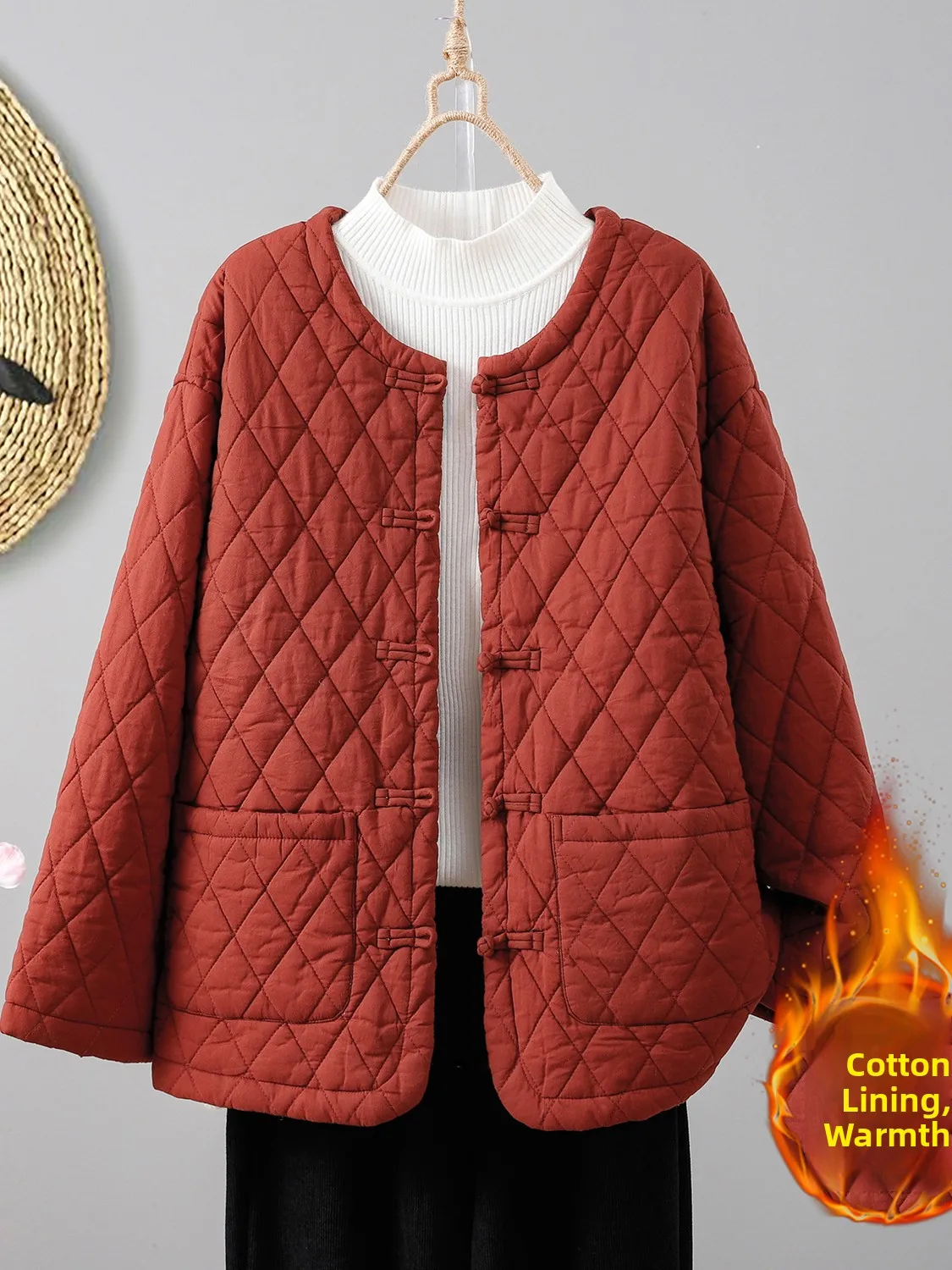 

Authentic Chinese Sle Artistic Retro Button Cotton Linen Winter Women's Jaet Thiened Long Sve round Ne Single Button