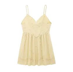 Tangada 2024 Summer Women Yellow Embroidery Dress Sleeveless Female Short Dress BE0121