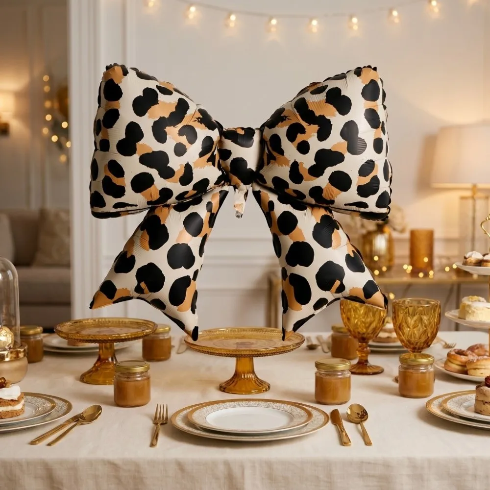 

2pcs Romantic Leopard Print Balloon Thick Inflatable Bowknot Balloon Aluminum Foil Decoration Festival Party Balloon Carnivals