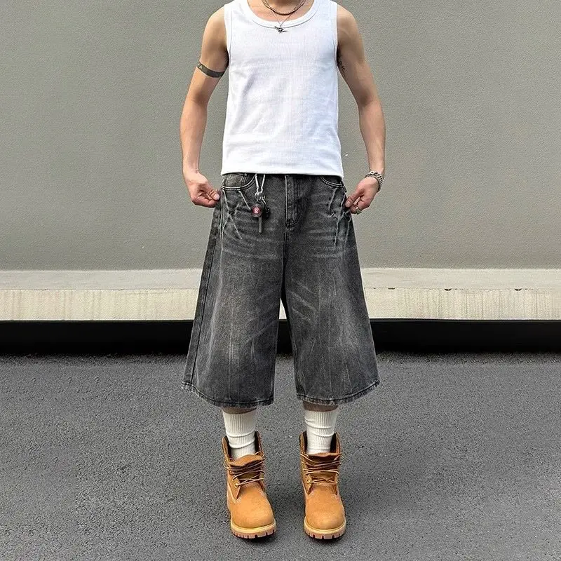 Men's Lightning Patterned Black Grey Denim Shorts Wide Leg Cropped Pants Summer Boys Casual Bottom Male High Waist Half Trousers