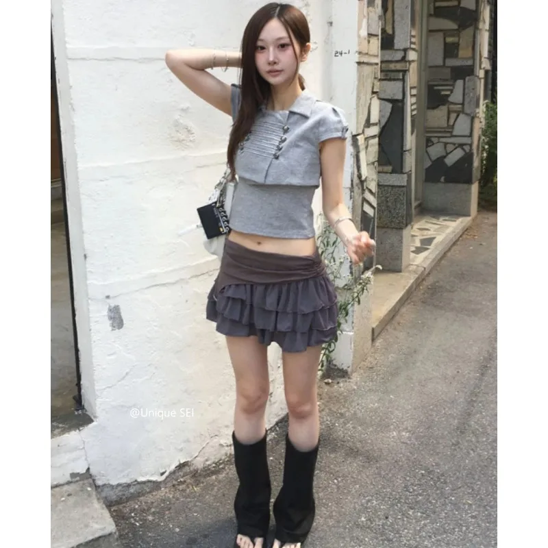 Korean Retro Contrast Color Patchwork Sexy Cake Skirt Women 2026 Summer High Waist Pleated Casual Mini Skirt
