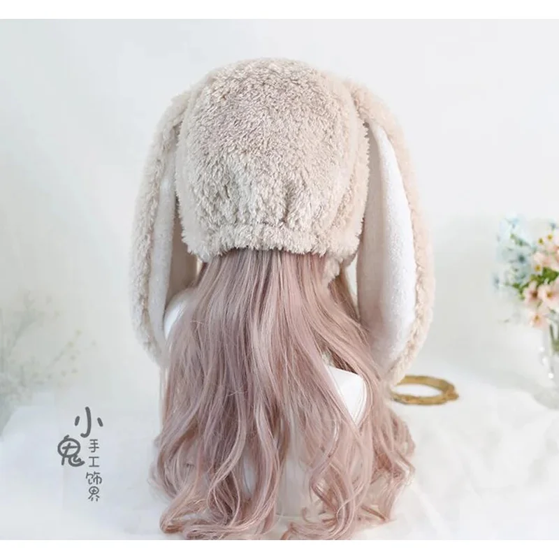 Japanese Sweet Loppy Bunny Eared Rabbit Cap Lolita Earmuffs Cap Fluffy Warm Winter Fleece Hats